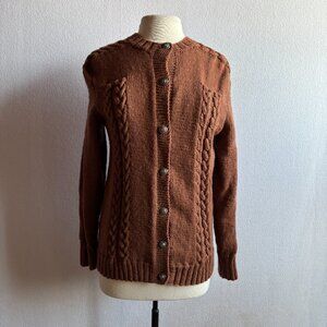 Brown Wool Cardigan Sweater Hand Made Cable Knit with Pockets
